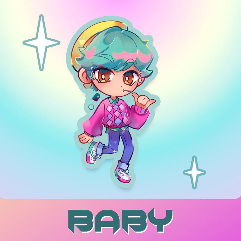 Cartoon character with colorful hair and outfit on a gradient background with 'BABY' text