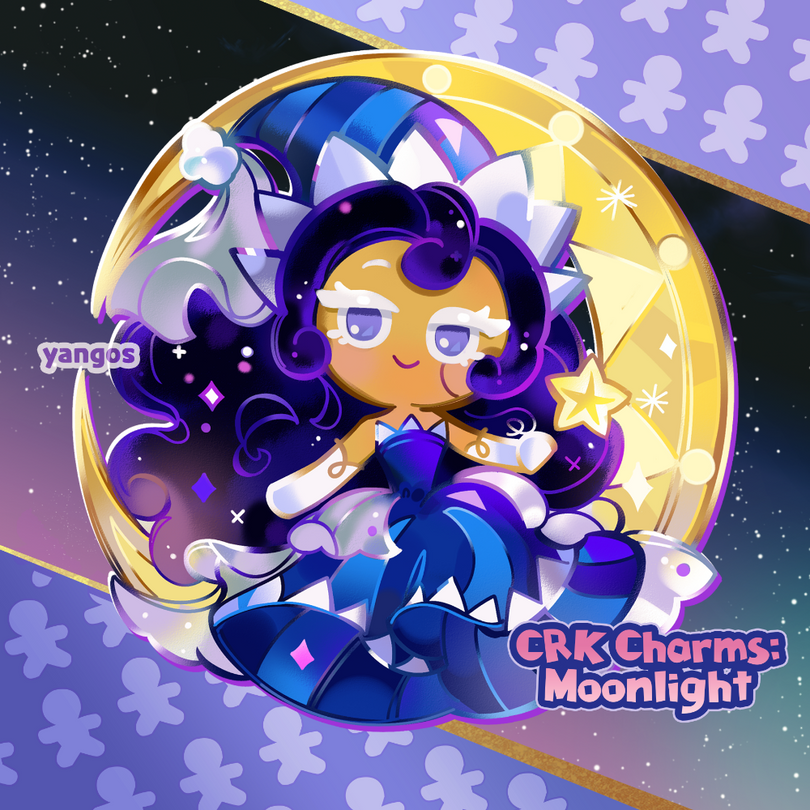 Cartoon character with purple hair and outfit, surrounded by stars and moon, on a purple background.