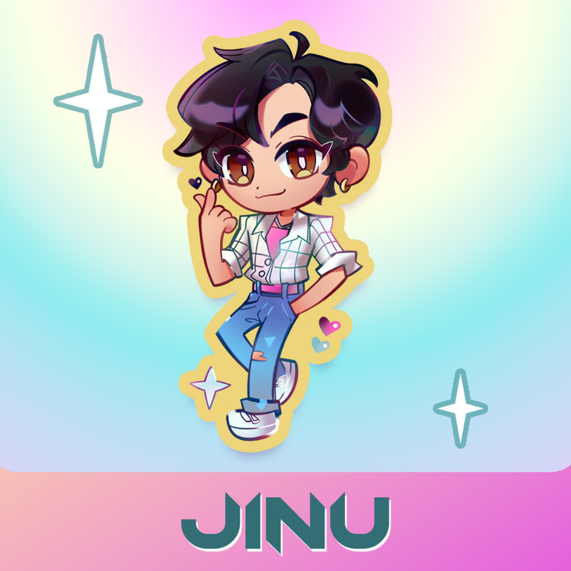 Cartoon character with dark hair and a checkered shirt on a gradient background with 'JINU' at the bottom.