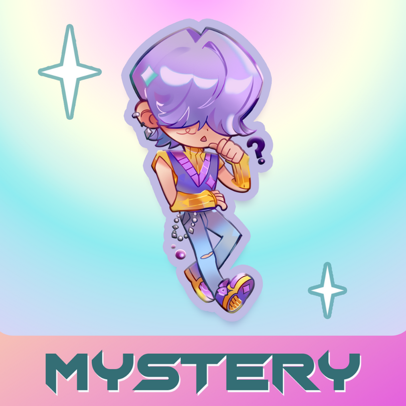 Cartoon character with purple hair and a question mark on a gradient background with 'MYSTERY' text.