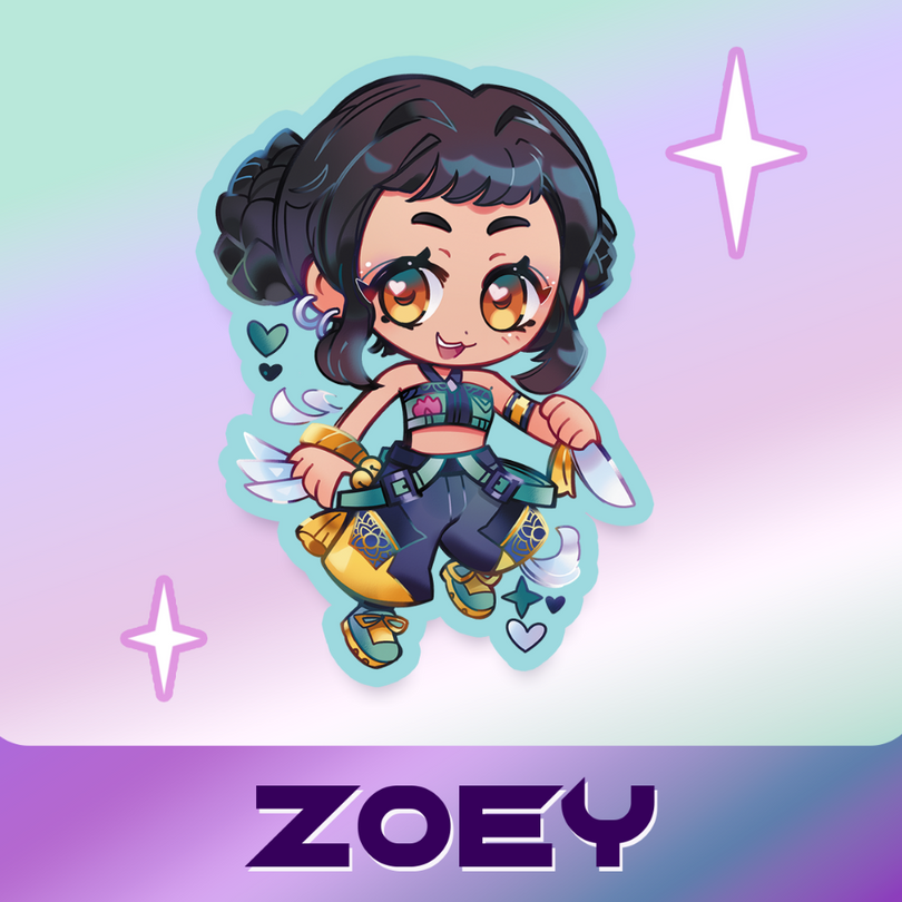 Cartoon character with dark hair and outfit on a gradient background with 'Zoey' text.